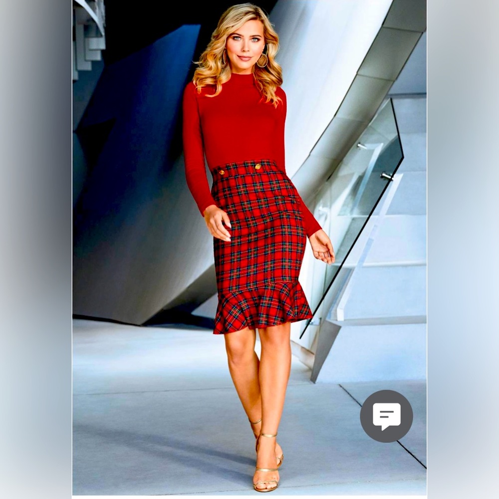 Red sweater & plaid skirt holiday dress
